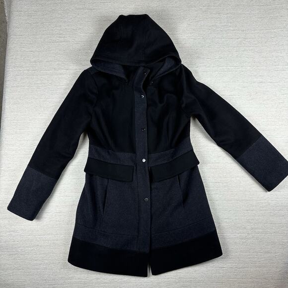 Women’s Guess Black & Gray Wool Blend Overcoat, Size Large A-line Cut - Picture 1 of 13